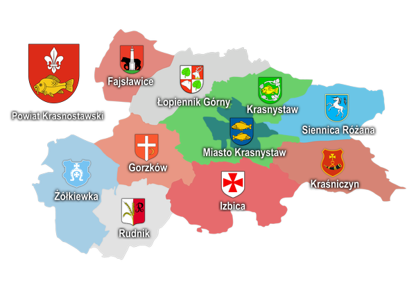 Mapa powiatu krasnostawskiego z zaznaczeniem granic gmin.